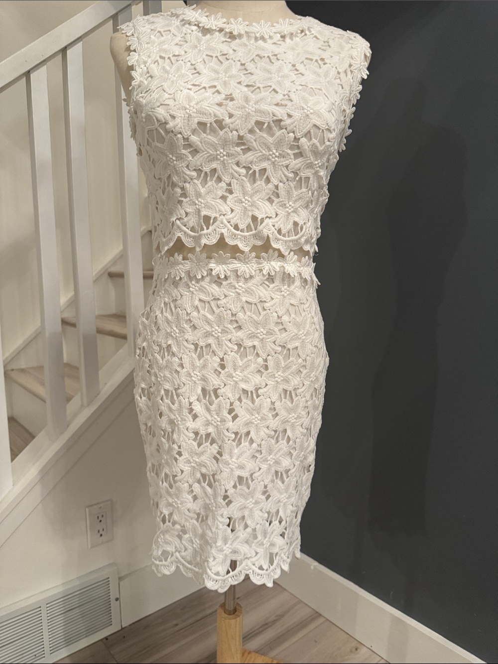 French designer Vera & Lucy.Feminine coquette fit.White lace with sheer panel.